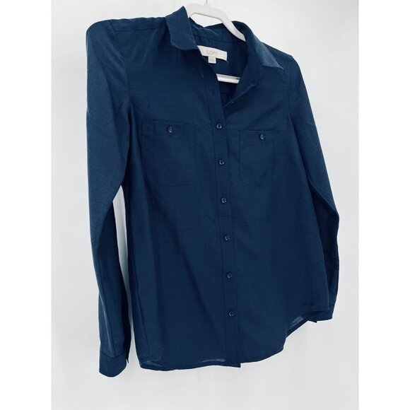 Loft Ladies Button Down Shirt XS Navy Long Sleeve Lightweight  Capsule Wardrobe - Picture 2 of 7
